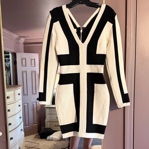 House of CB Black and Cream Long Sleeve V-Neck Bodycon Dress